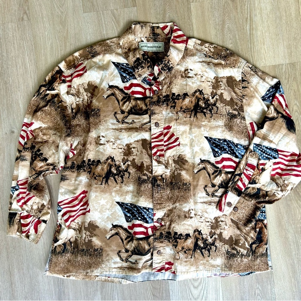 Bit & Bridle Western Button Down Shirt with Collar American Flag Horse Print